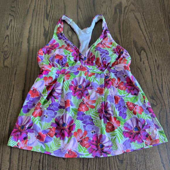 Lands End Womens Bright Floral Palms Racerback Tankini Swim Suit Top Size 10 - Picture 1 of 7